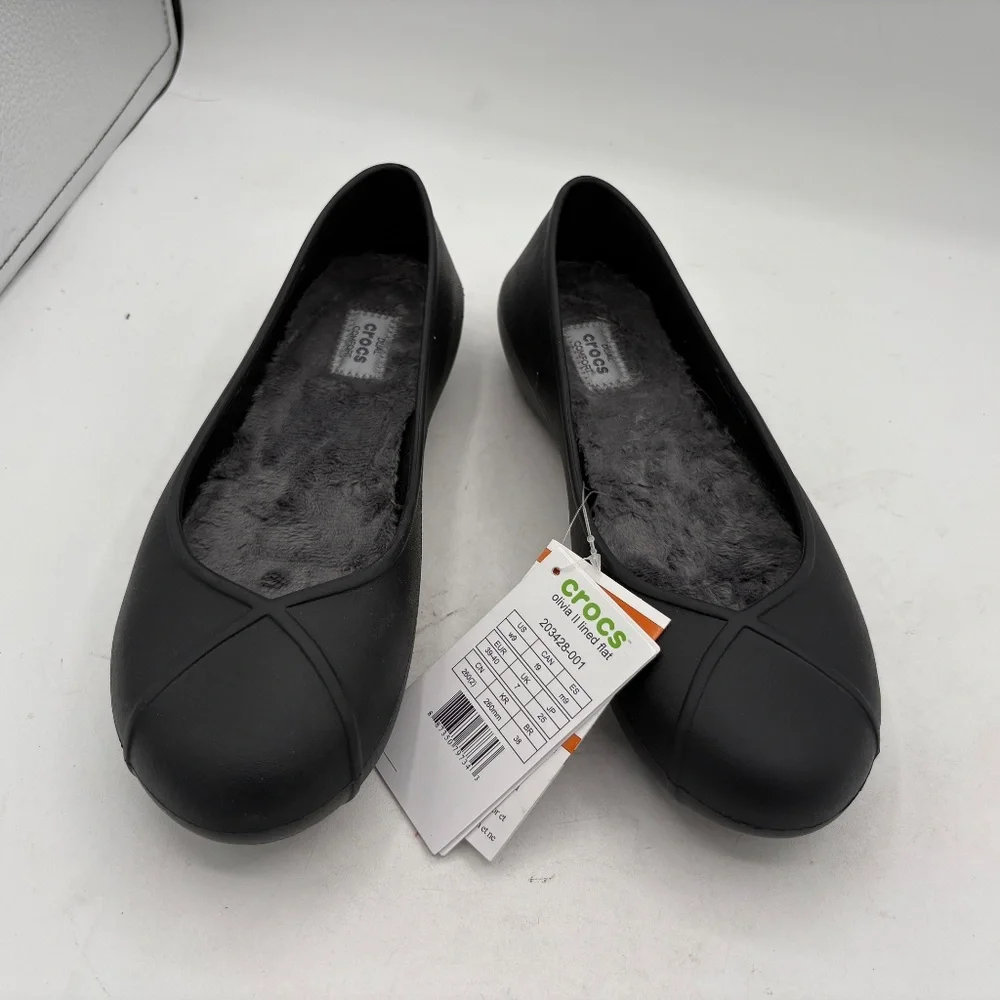 NWT Crocs Olivia II Ballet Flats Women's Size 9 Black Faux Fur Lined